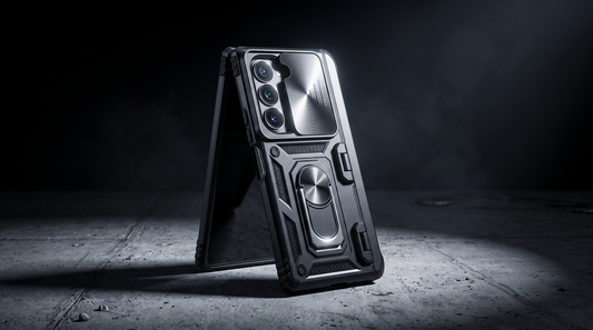 FoldifyCase Sentinel H1 rugged heavy-duty case in tent pose on raw concrete surface under hard cool spotlight with stark shadow — uncompromising drop-protection editorial hero for the Halo M1 vs Sentinel H1 case comparison