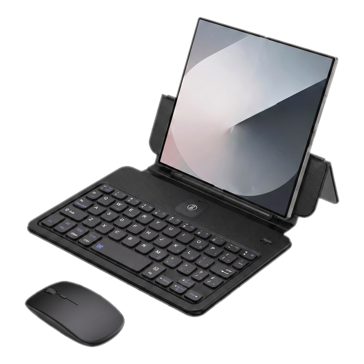 Scribe K1 4-in-1 wireless keyboard set for Galaxy Z Fold in Black - leather folio with detachable Bluetooth QWERTY keyboard, wireless mouse, stylus in pen slot and fold-up stand