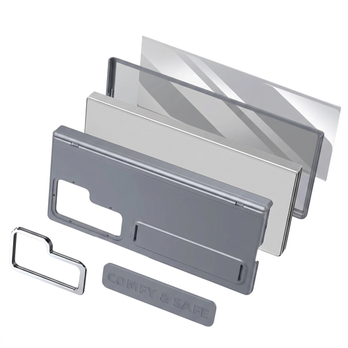Aegis H1 Galaxy Z Fold case components in Gray - back shell, hinge cover, kickstand strap, camera bezel and screen protector