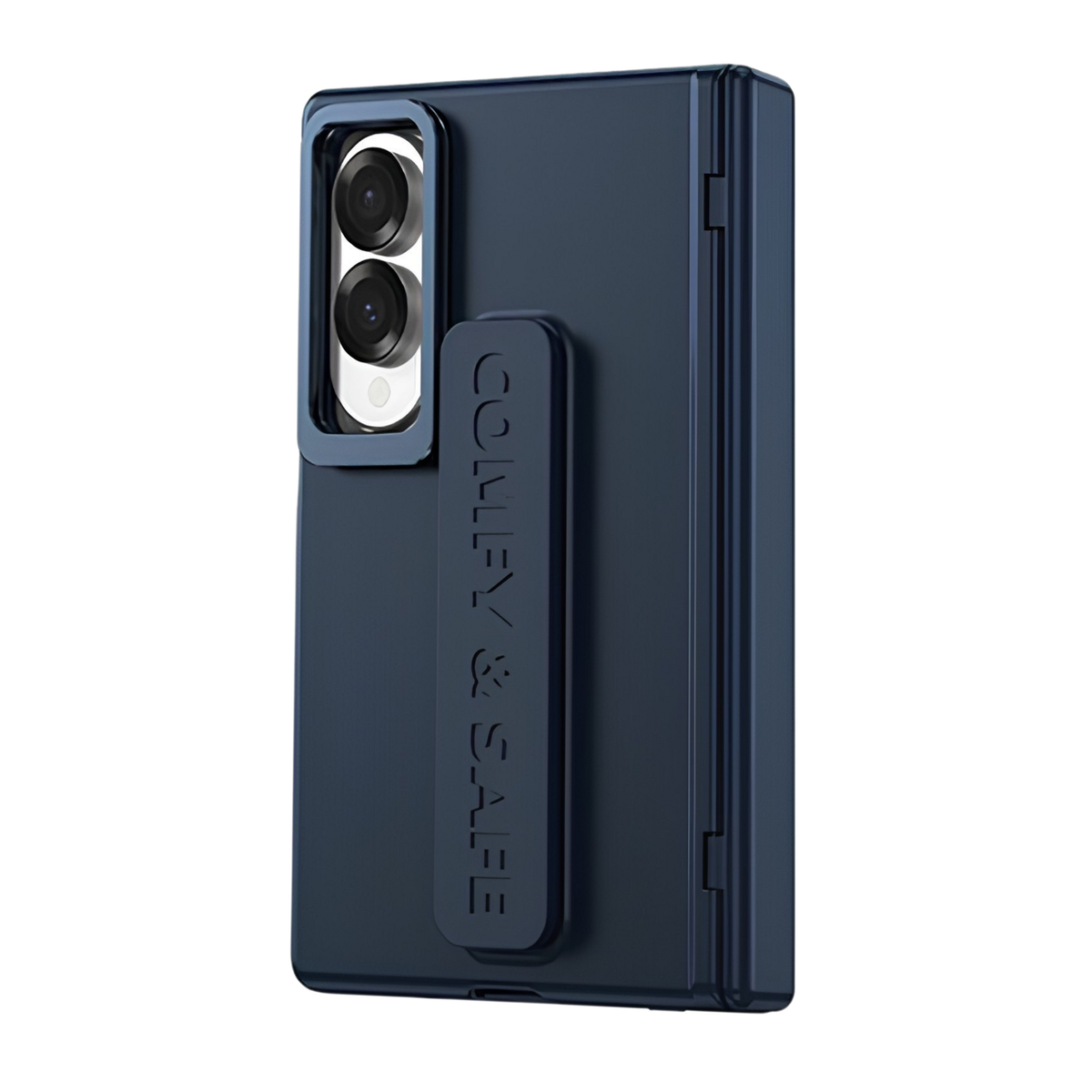 Aegis H1 Navy Blue hinge cover case for Samsung Galaxy Z Fold 8 Wide - rear view with COMFY & SAFE grip strap