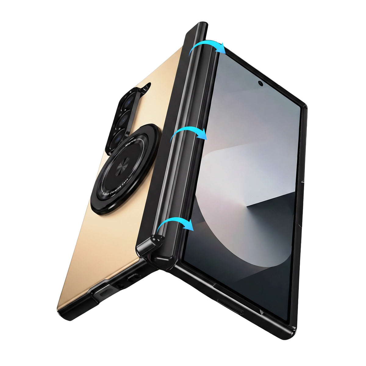 Axon M2 Galaxy Z Fold case half-open showing flexible fold movement - Gold