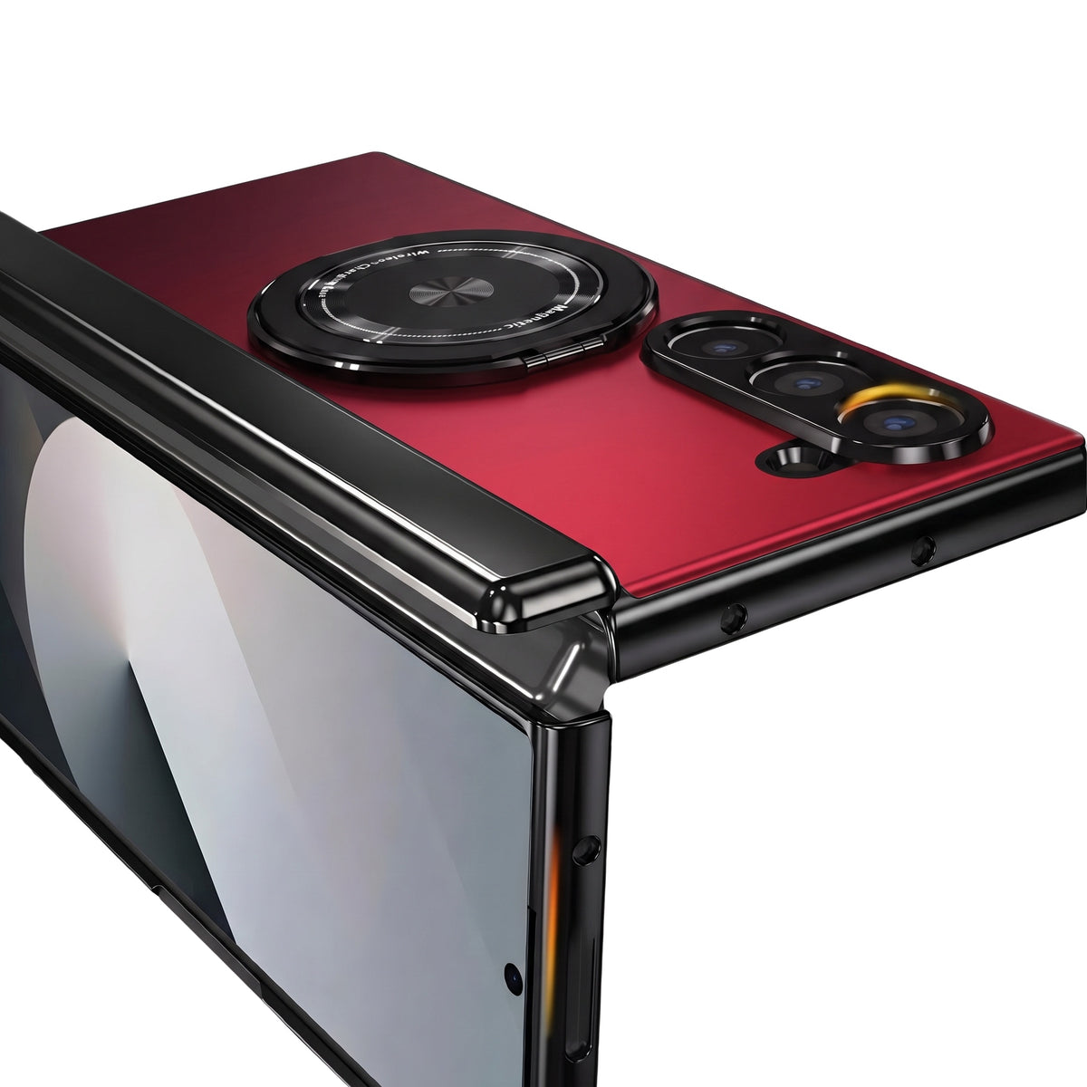 Axon M2 Galaxy Z Fold case corner detail with magnetic wireless charging ring - Red