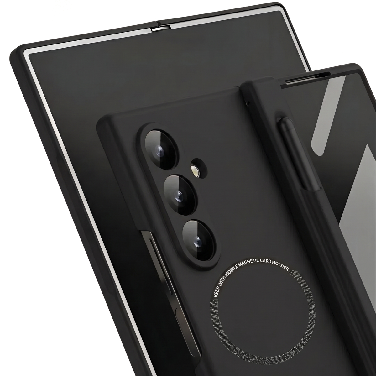 Kinetic P1 Black Z Fold S-Pen hinge case - close-up of MagSafe ring, triple camera and S-Pen holder