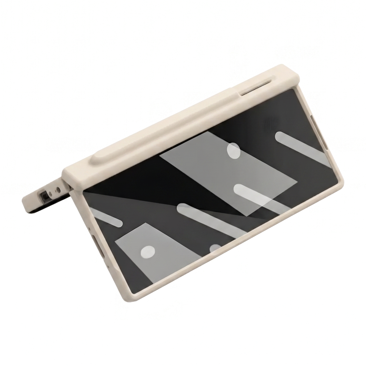 Kinetic P1 Cream Z Fold S-Pen hinge case - opened flat showing the screen and hinge-mounted S-Pen holder