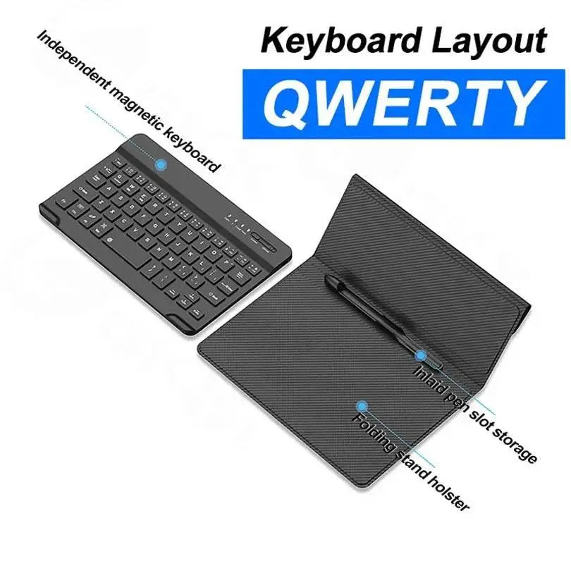 Black QWERTY independent magnetic keyboard with foldable stand holster and pen slot storage