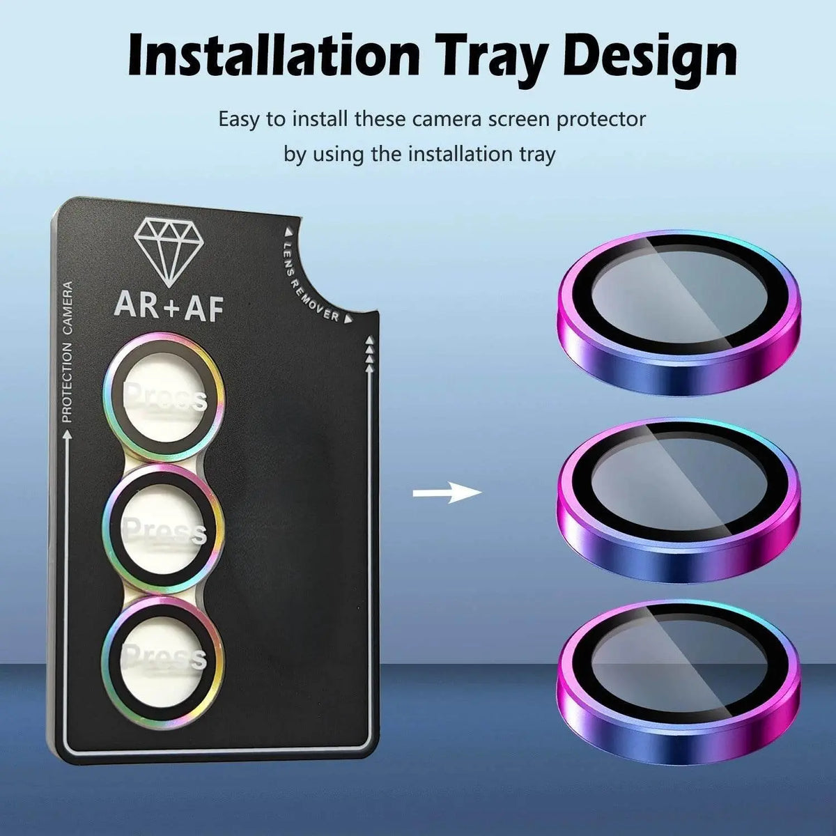Installation tray for AR+AF camera lens protectors with three rainbow-colored rings and three lens covers