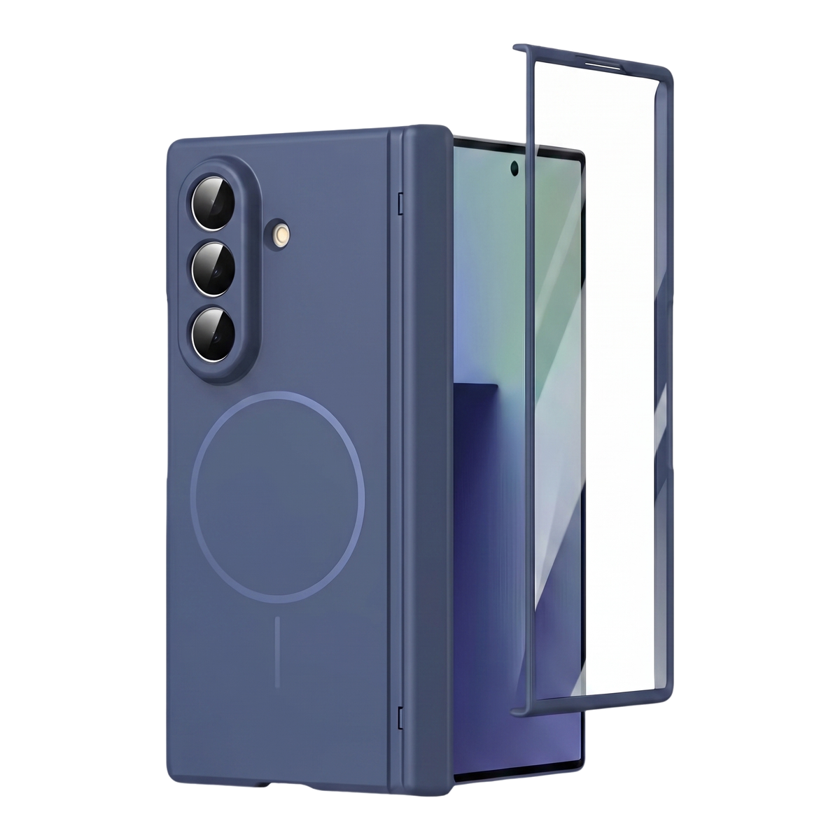 Spineguard P1 in Deep Blue on a closed Samsung Galaxy Z Fold with the cover-screen tempered glass protector alongside