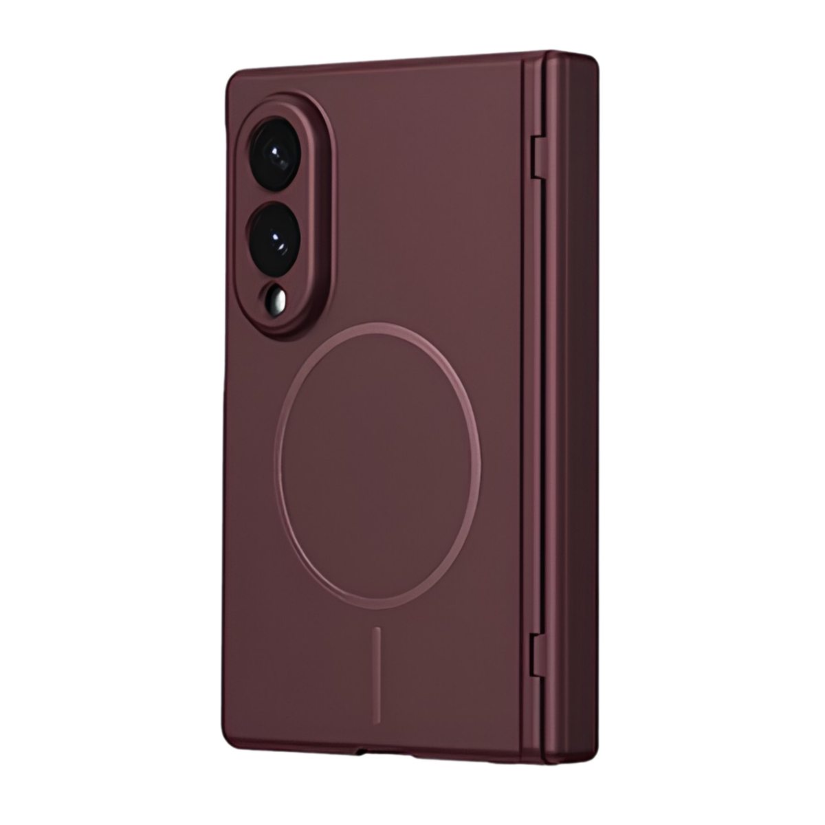 Spineguard P1 MagSafe hinge case in Royal Burgundy for Samsung Galaxy Z Fold 8 Wide - rear view with MagSafe ring and CNC metal camera lens rings