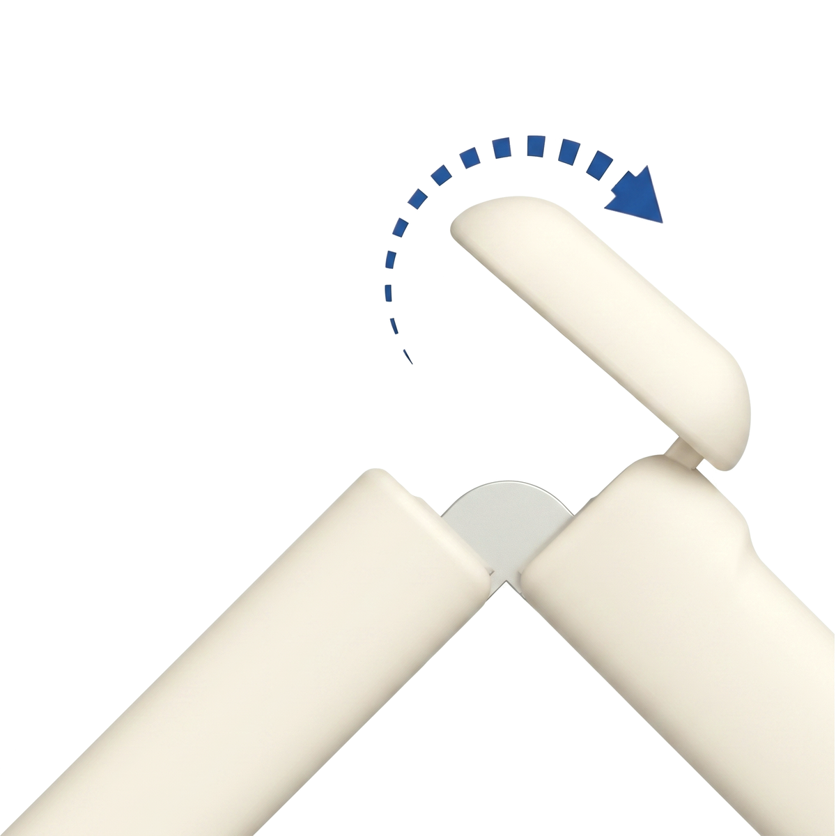 Spineguard P1 in Pure White - close-up of the reinforced hinge joint showing the flip-open rotation of the case arm