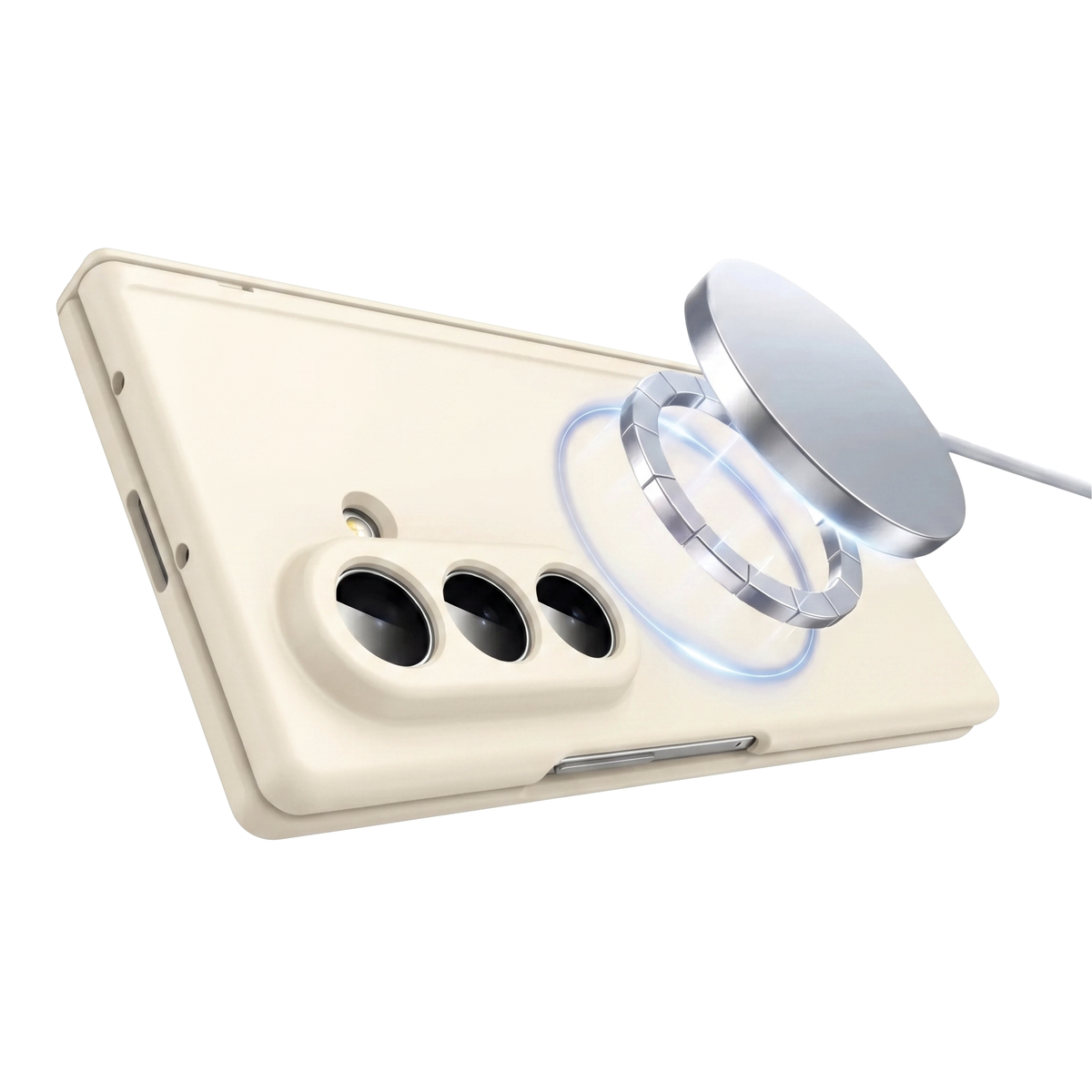 Spineguard P1 in Pure White with a MagSafe charger snapping onto the built-in magnet ring on a Samsung Galaxy Z Fold