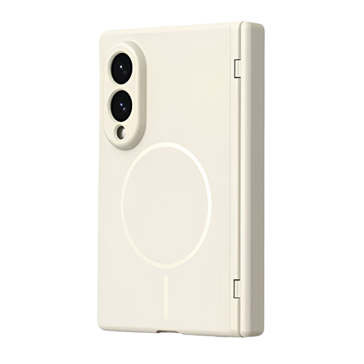 Spineguard P1 MagSafe hinge case in Pure White for Samsung Galaxy Z Fold 8 Wide - rear view with MagSafe ring and CNC metal camera lens rings