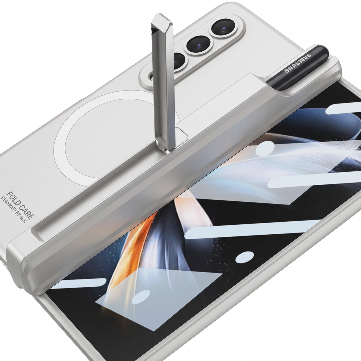 Sync M1 Galaxy Z Fold case in Silver with kickstand propped open and S-Pen